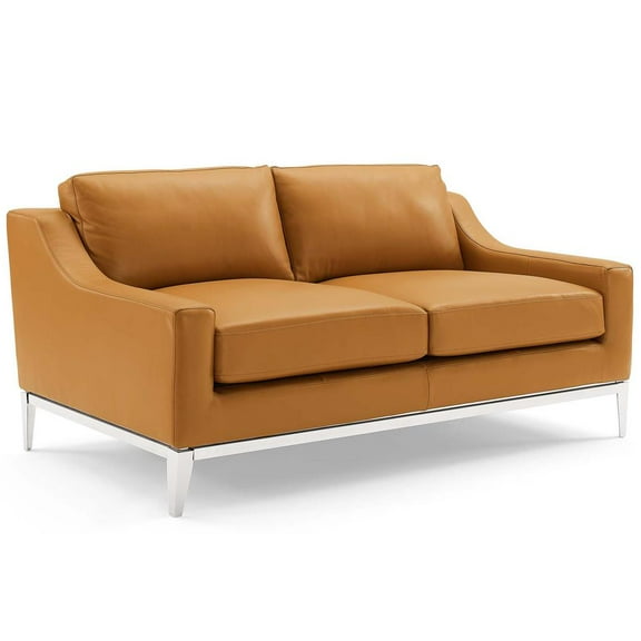 Modway Harness 64" Stainless Steel Base Leather Loveseat in Tan