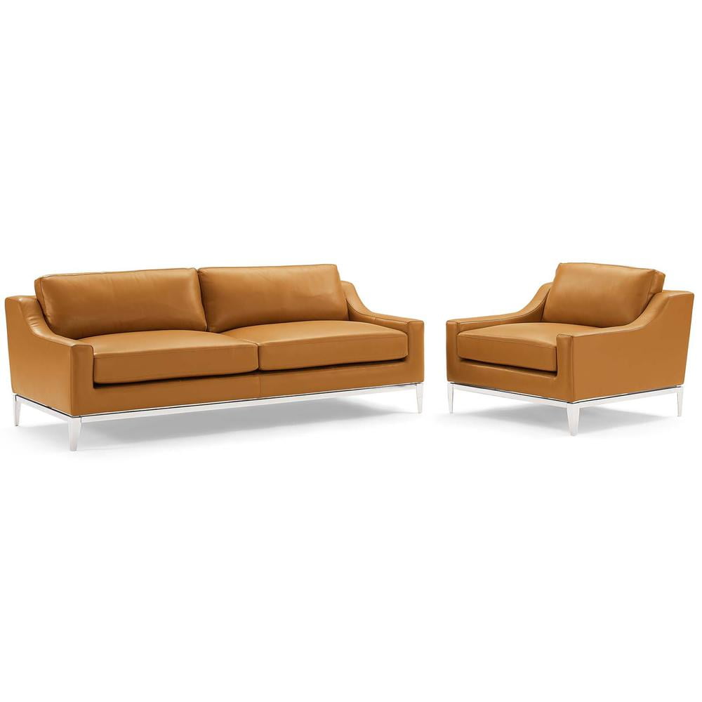 Tan Leather Sofa and Armchair Set with Stainless Steel Base