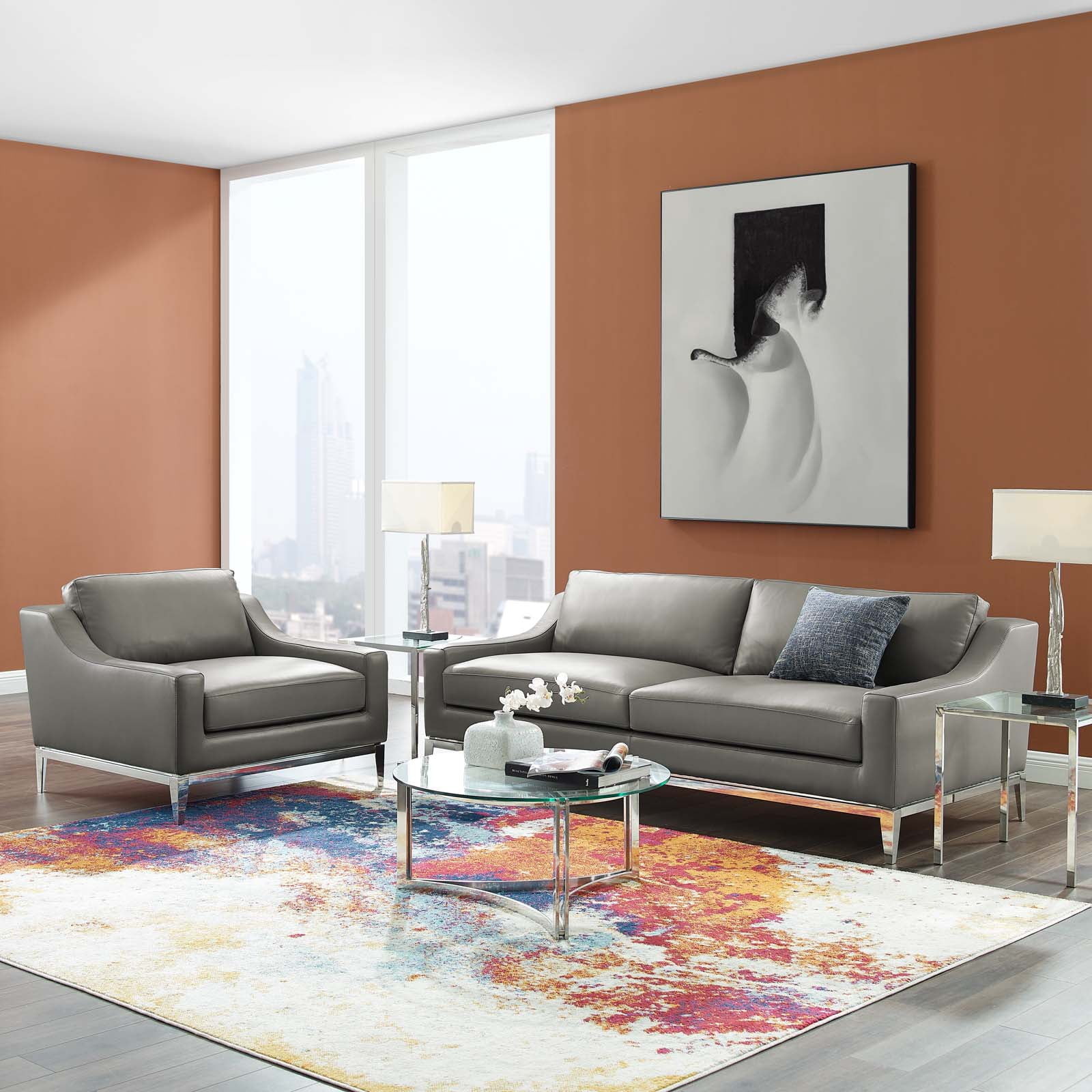 Gray Leather Sofa and Armchair Set with Stainless Steel Frame