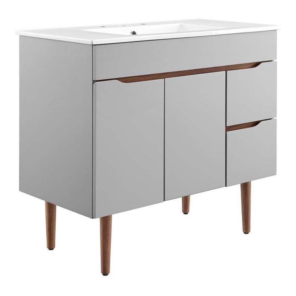 Gray White Mahogany Wood 36" Mid-Century Modern Bathroom Vanity