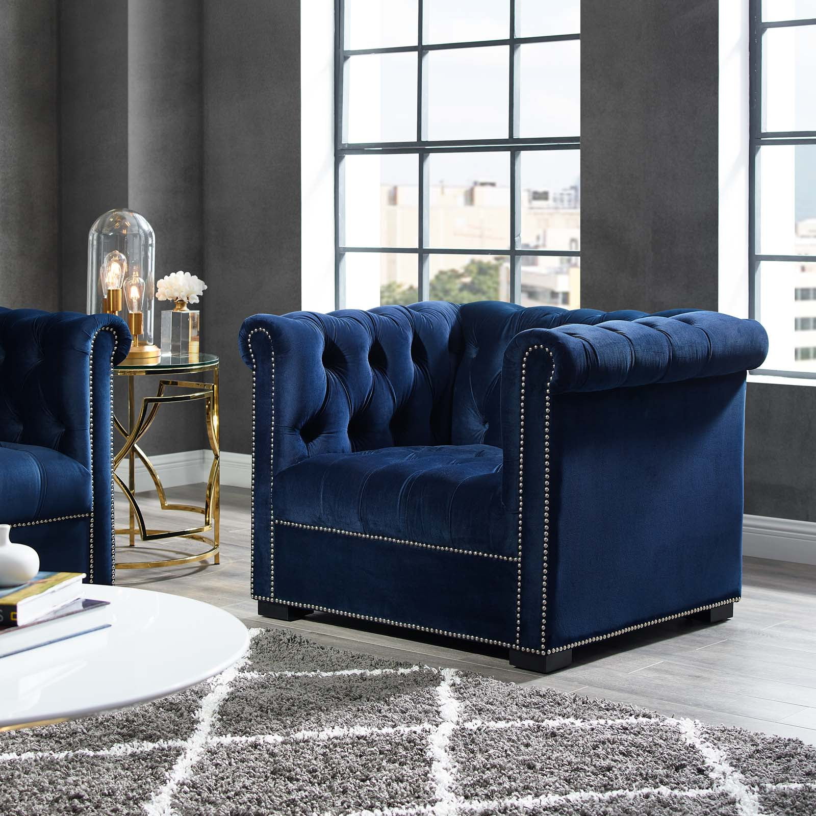 Elegant Midnight Black Velvet Chesterfield Armchair with Nailhead Trim