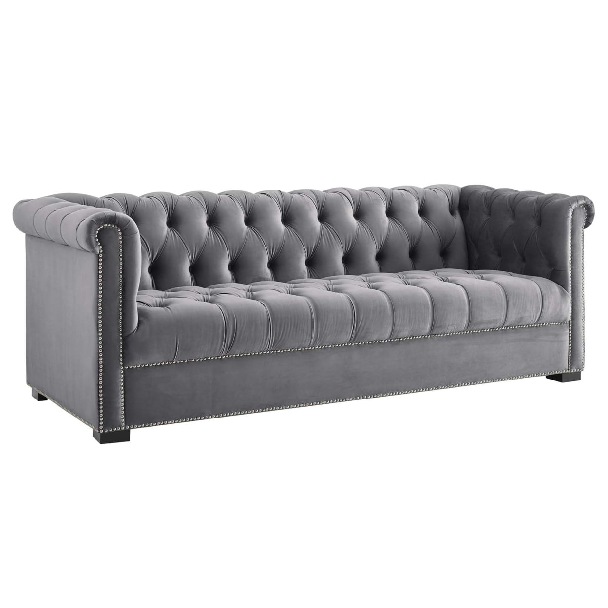 Elegant Black Velvet Chesterfield Sofa with Nailhead Trim and Rolled Arms