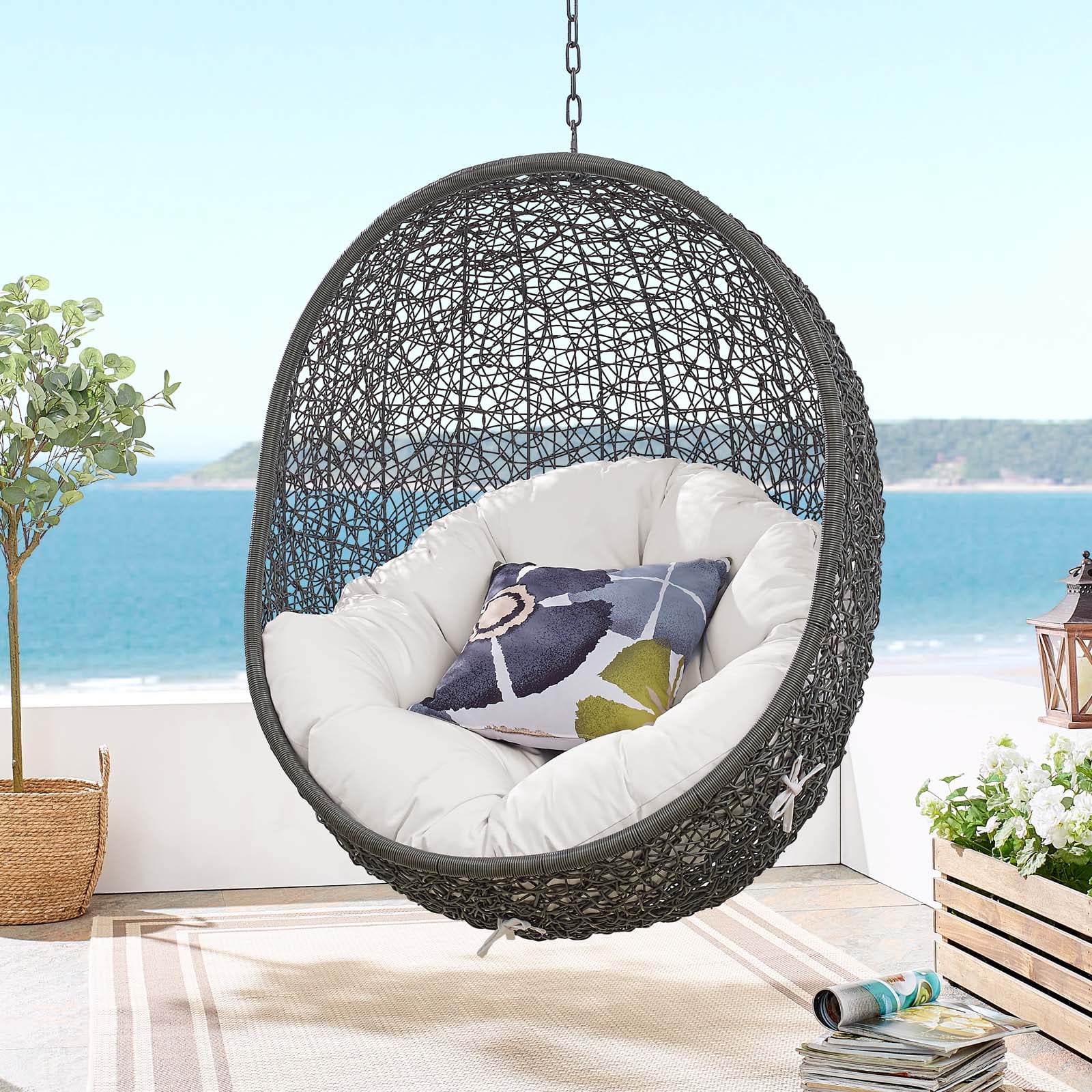 Gray Wicker Rattan Outdoor Patio Swing Chair with Cushions