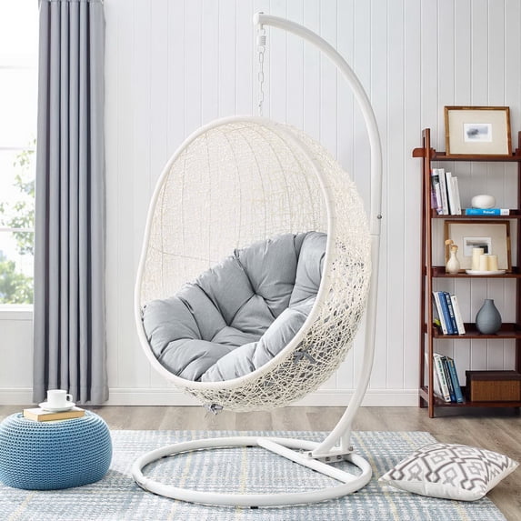 Modway Hide Modern Rattan/Fabric Outdoor Swing Chair with Stand in White/Gray