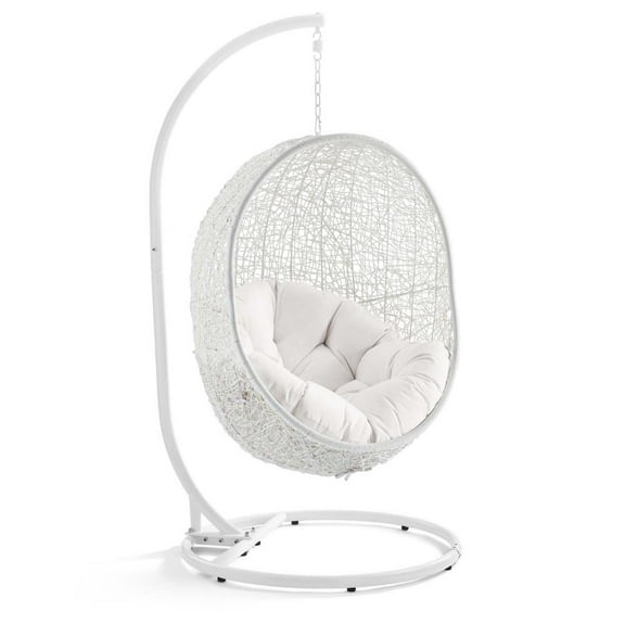 Modway Hide Modern Rattan/Fabric Outdoor Swing Chair with Stand in White/White