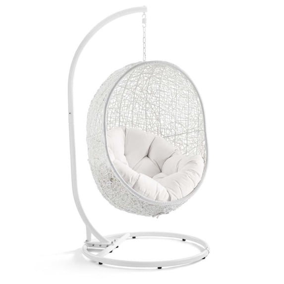 Modway Hide Modern Rattan/Fabric Outdoor Swing Chair with Stand in White/White