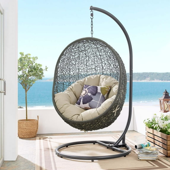 Modway Hide Outdoor Patio Sunbrella® Swing Chair With Stand in Gray Beige