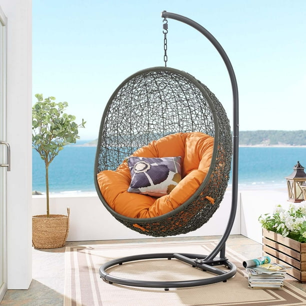 Modway Hide Outdoor Patio Swing Chair With Stand in Gray Orange