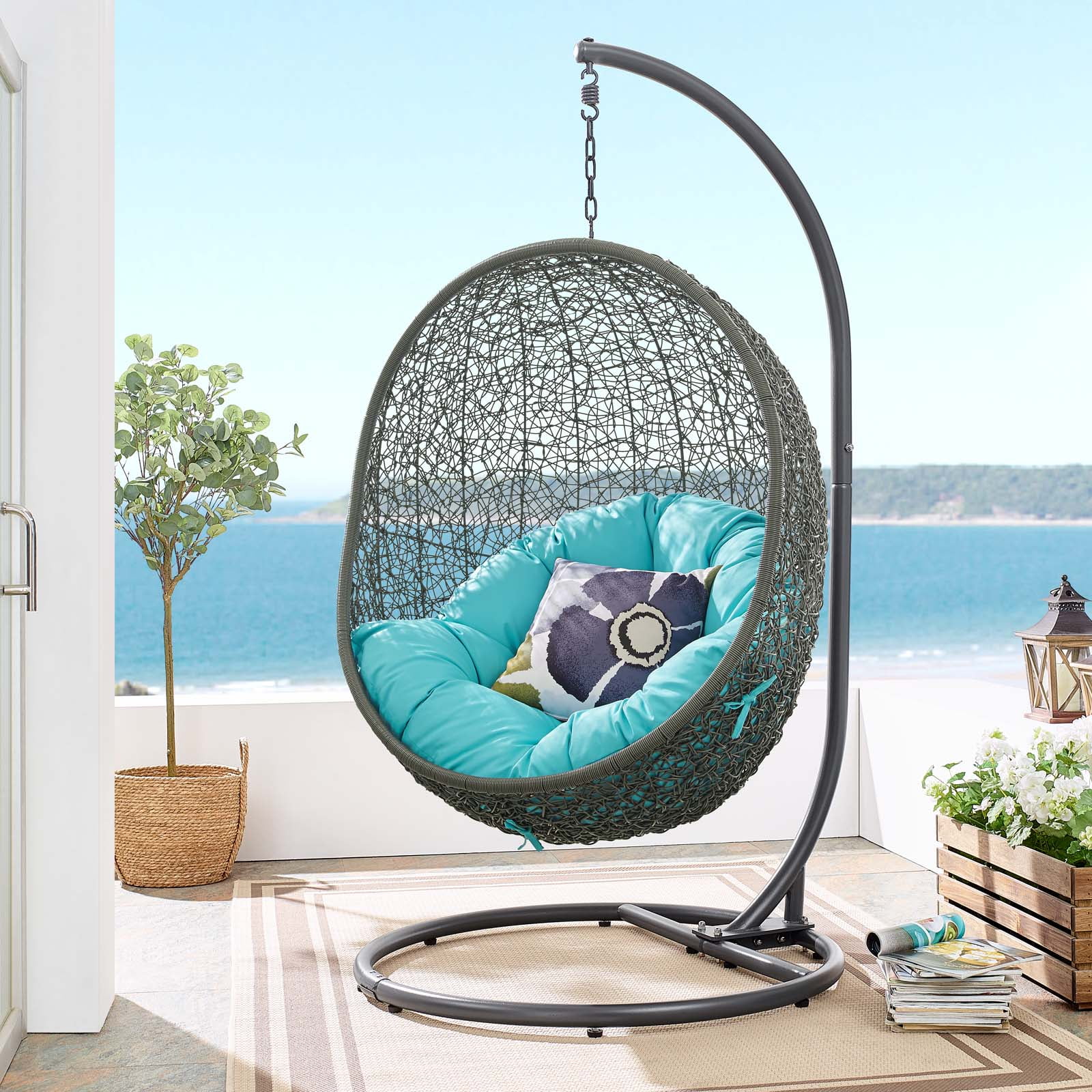 Gray and Turquoise Rattan Outdoor Patio Swing Chair with Stand