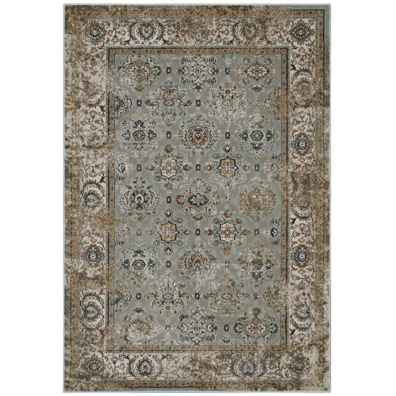 Modway Hisa Distressed Vintage Floral Lattice 5x8 Area Rug in Silver Blue, Beige and Brown