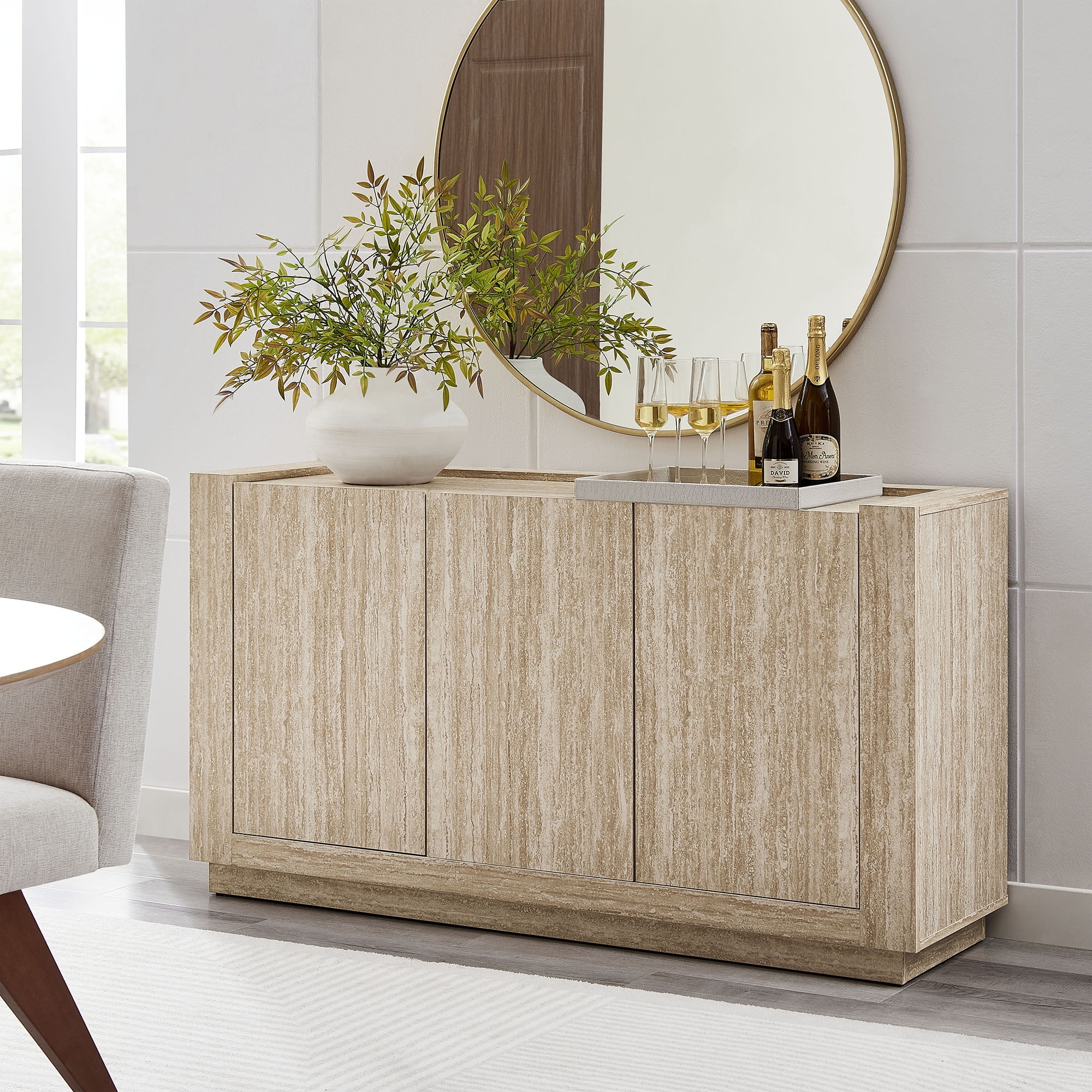 Haven 59" Beige Faux Travertine Sideboard with Adjustable Shelves