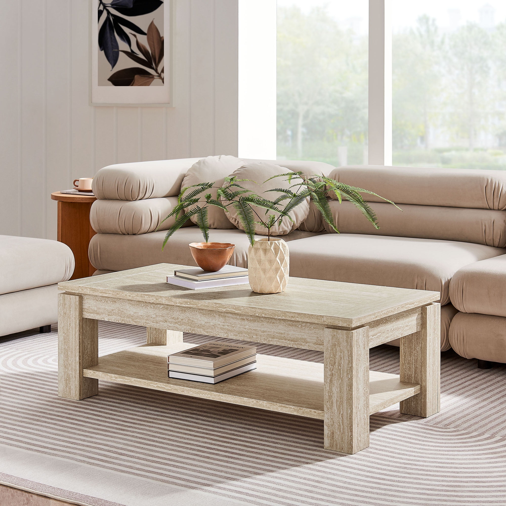 Hollis 47" Beige Faux Travertine Rectangular Coffee Table
