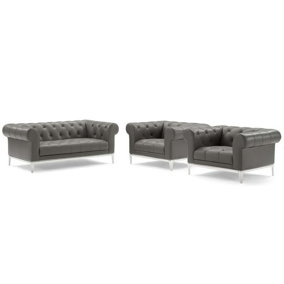Modway Idyll Tufted Upholstered Leather 3 Piece Set in Gray