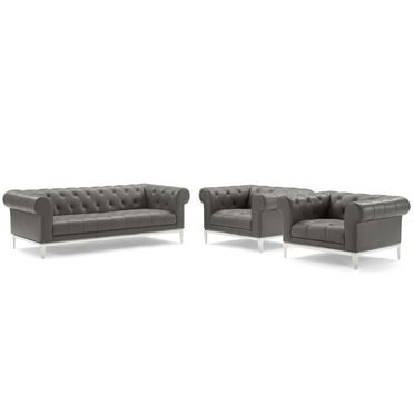 Modway Idyll 3-Piece Tufted Leather Upholstered Sofa Set in Gray