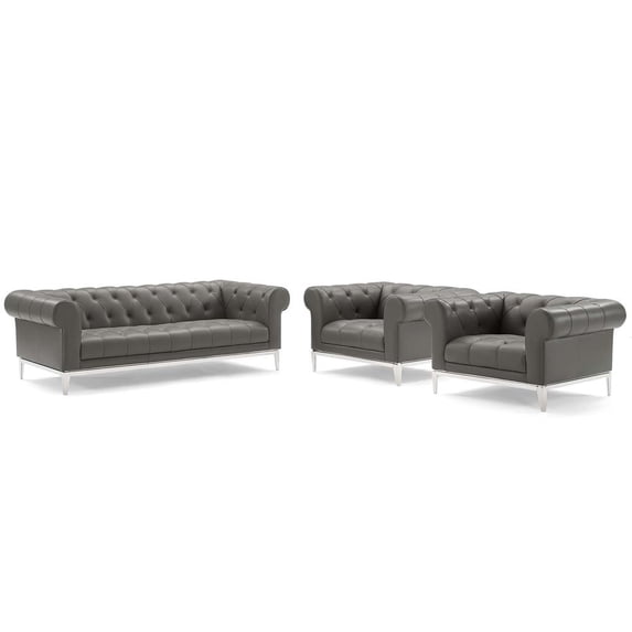Modway Idyll Tufted Upholstered Leather 3 Piece Set in Gray