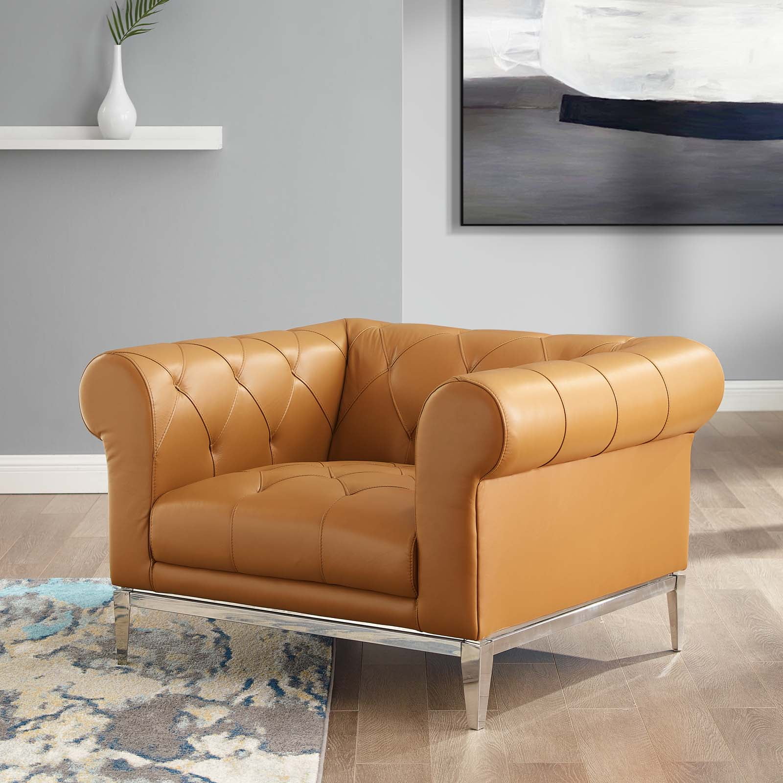 Tan Leather Chesterfield Armchair with Metal Base