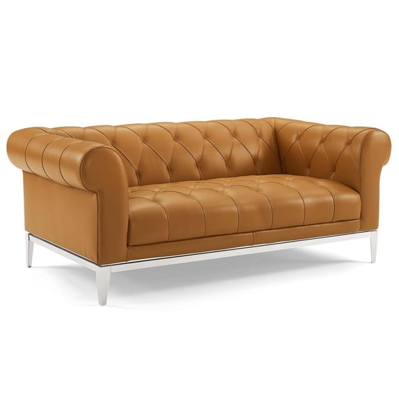 Modway Idyll Tufted Button Upholstered Leather Chesterfield Loveseat in Tan