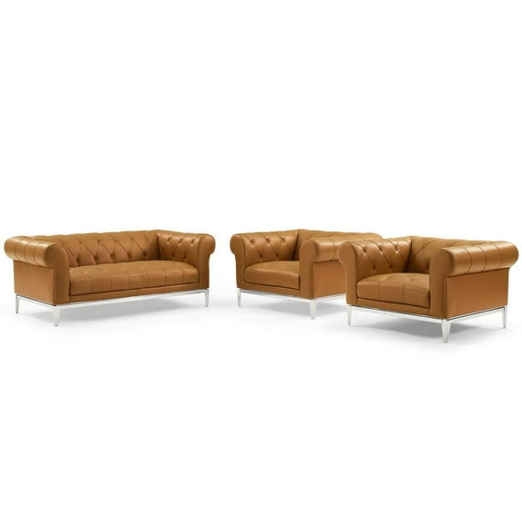 Modway Idyll Tufted Upholstered Leather 3 Piece Set in Tan