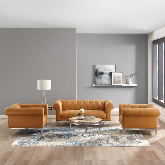 Modway Idyll Tufted Upholstered Leather 3 Piece Set in Tan