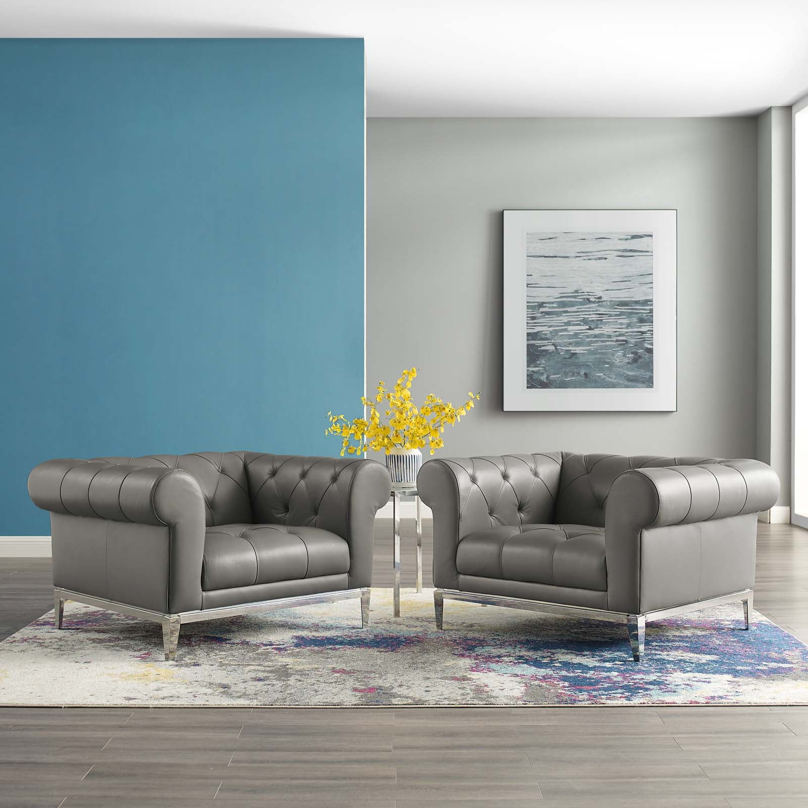 Gray Tufted Leather Armchairs with Metal Frame, Set of 2