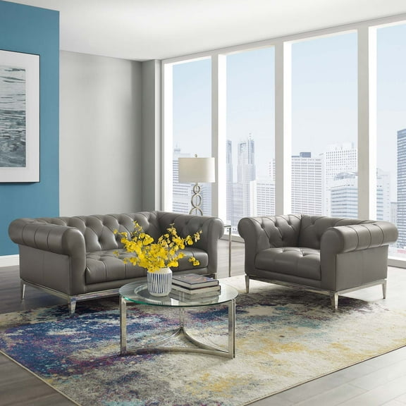 Modway Idyll Tufted Upholstered Leather Loveseat and Armchair in Gray