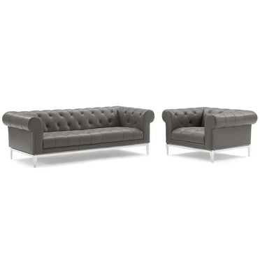 Modway Idyll Tufted Upholstered Leather Sofa and Armchair Set in Gray
