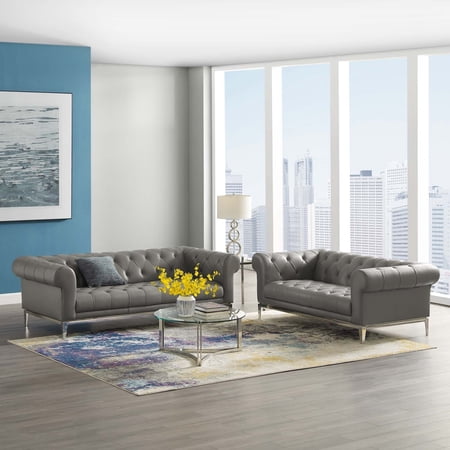 Modway Idyll Tufted Upholstered Leather Sofa and Loveseat Set in Gray