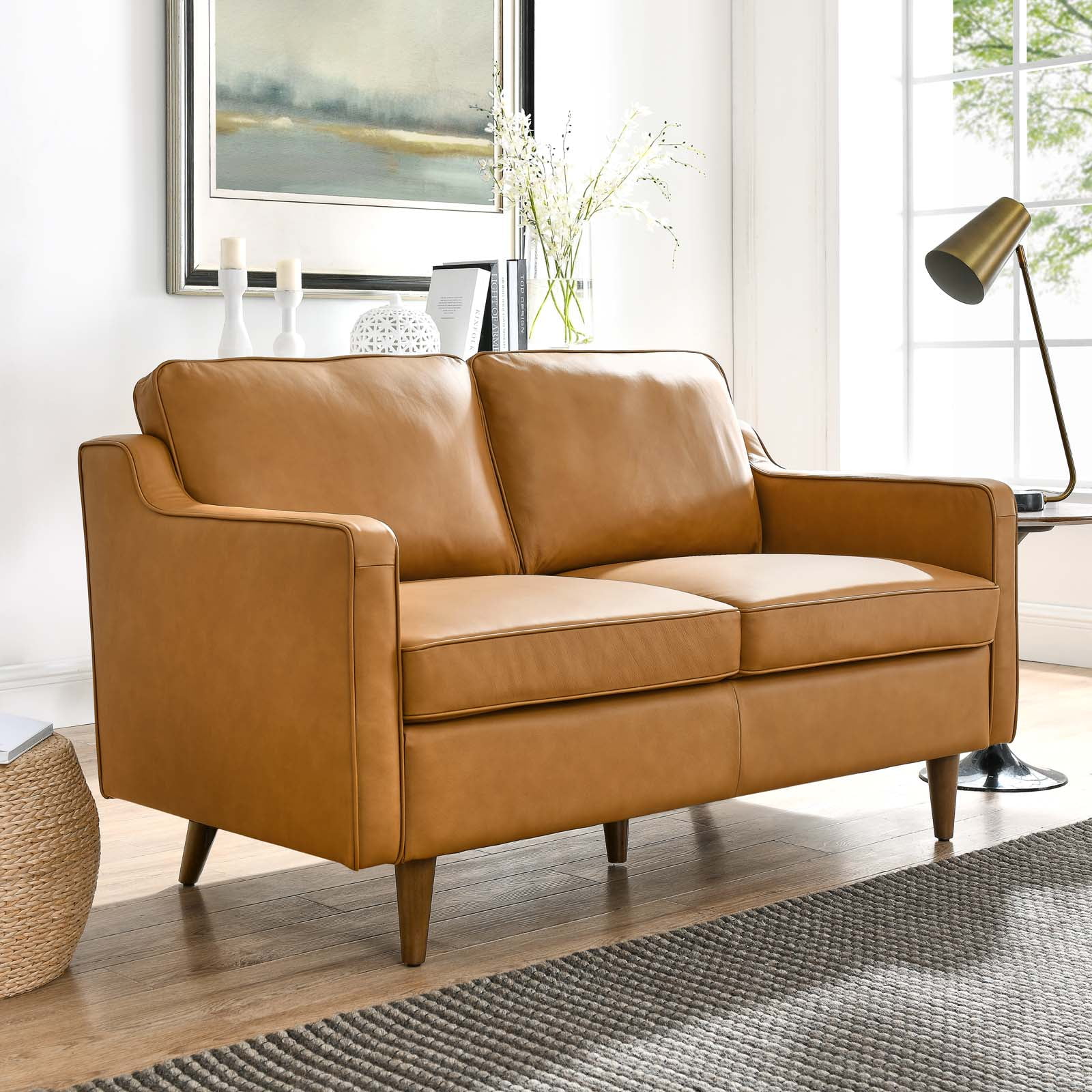 Tan Genuine Leather Loveseat with Walnut Wood Legs