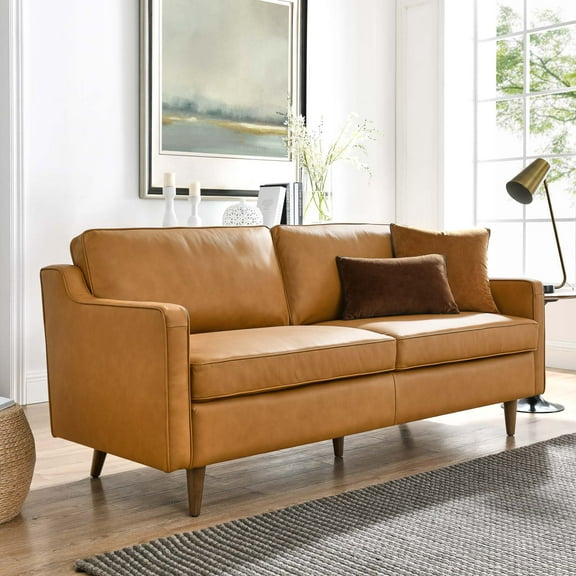 Modway Modern Genuine Leather Standard Sofa with Cushions, Tan
