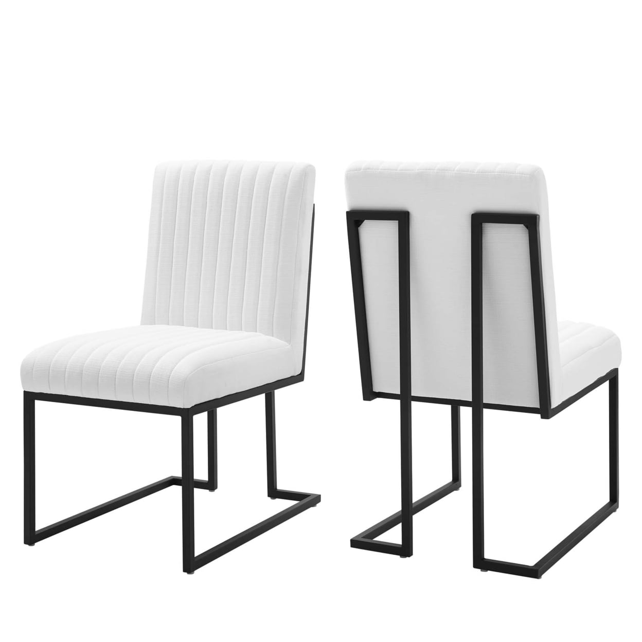 White Upholstered Channel Tufted Side Chair with Metal Legs