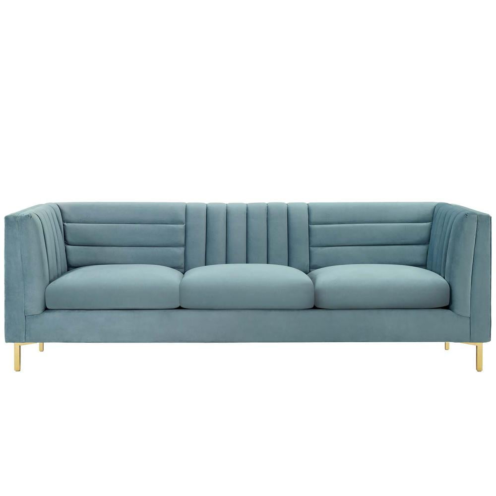 Light Blue Velvet Tufted Sofa with Gold Steel Legs