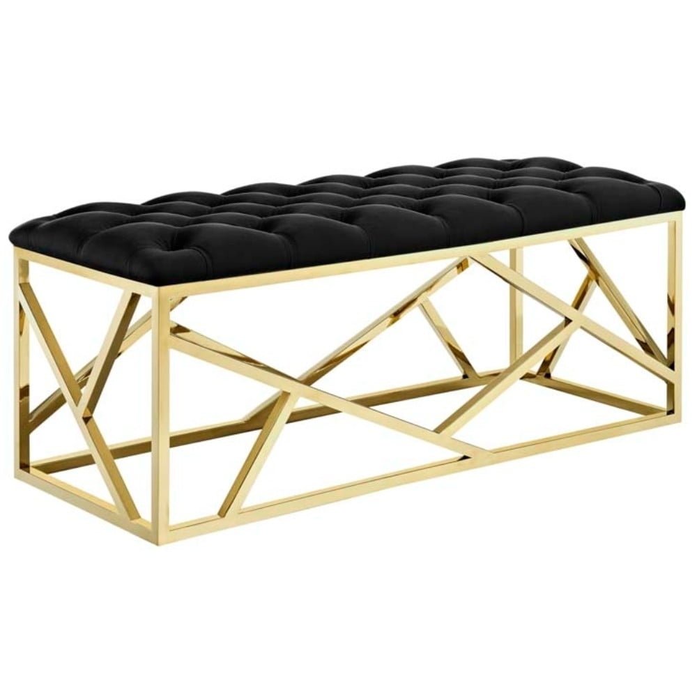 Elegant Tufted Velvet Bench with Polished Stainless Steel Base