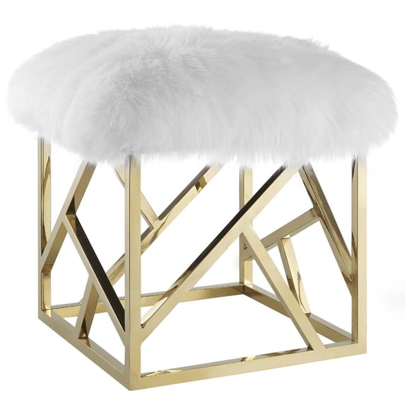 Modway Intersperse Sheepskin Fur & Stainless Steel Ottoman in Gold and White