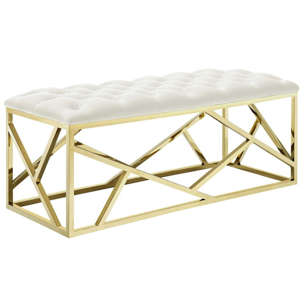 Ivory Tufted Velvet Bench with Gold Stainless Steel Base