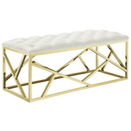 Modway Intersperse Tufted Velvet Polyester Bench in Gold and Ivory
