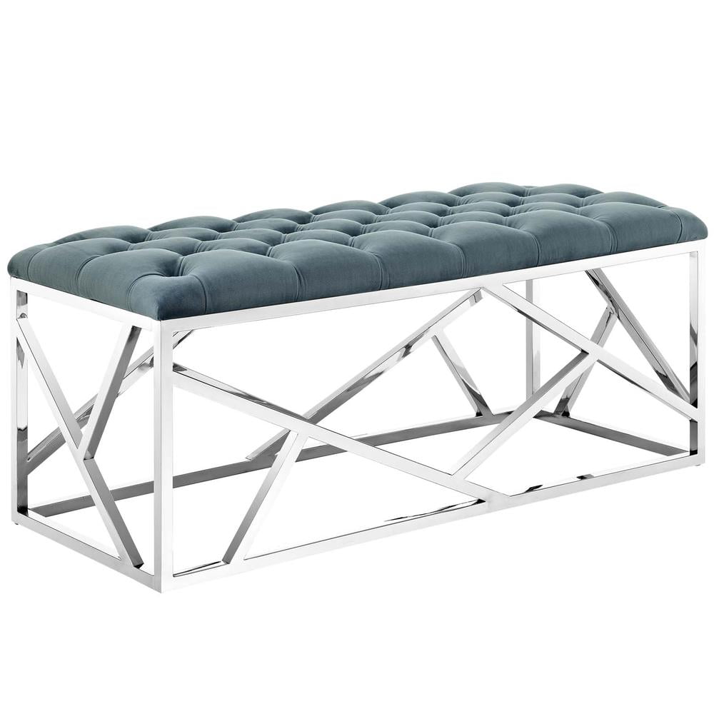 Sea Blue Velvet Tufted Bench with Polished Stainless Steel Base