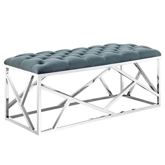 Modway Intersperse Tufted Velvet Polyester Bench in Silver and Sea Blue