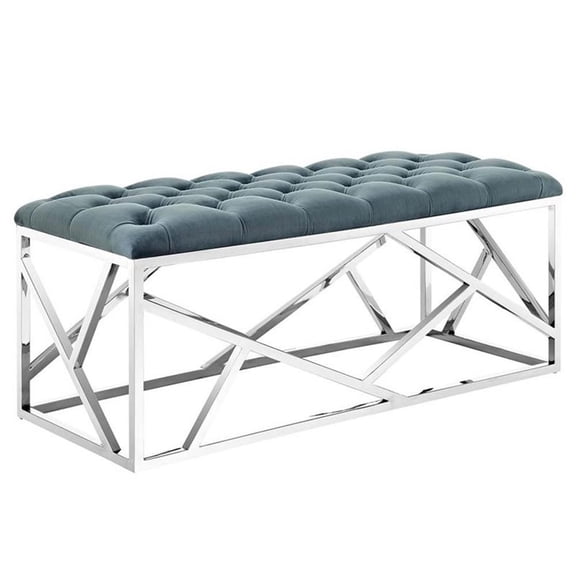 Modway Intersperse Tufted Velvet Polyester Bench in Silver and Sea Blue