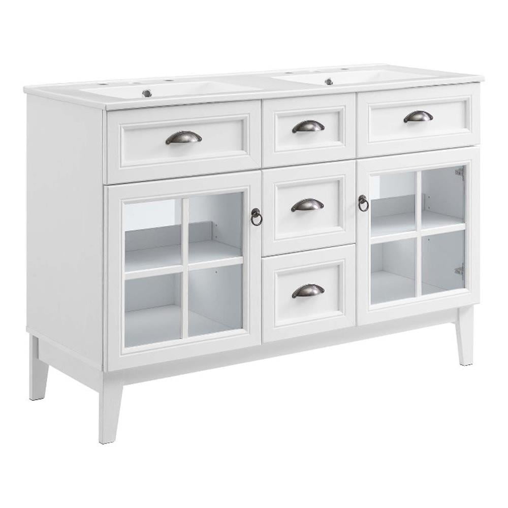Isle 48" White Double Sink Bathroom Vanity Cabinet with Glass Doors