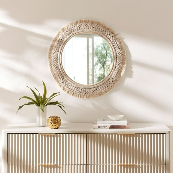 Modway Jade Round Rattan Macrame Wall Mirror in Natural