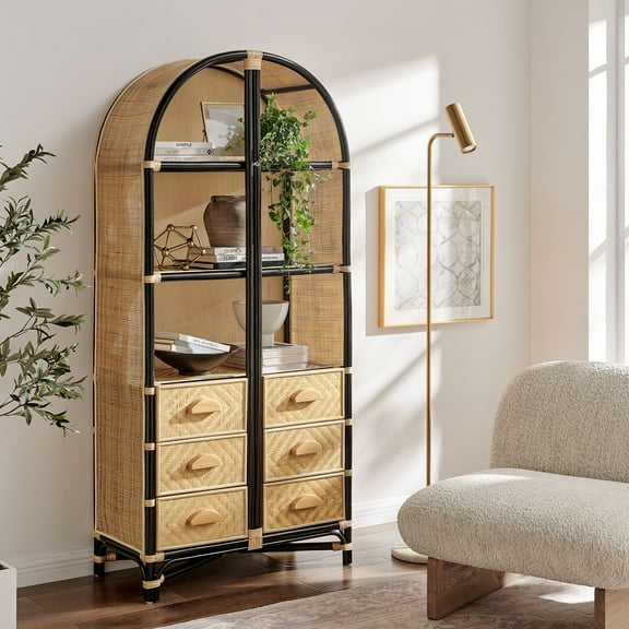Jane 71 Inch Tall Arched Natural Rattan Bookshelf in Natural Black