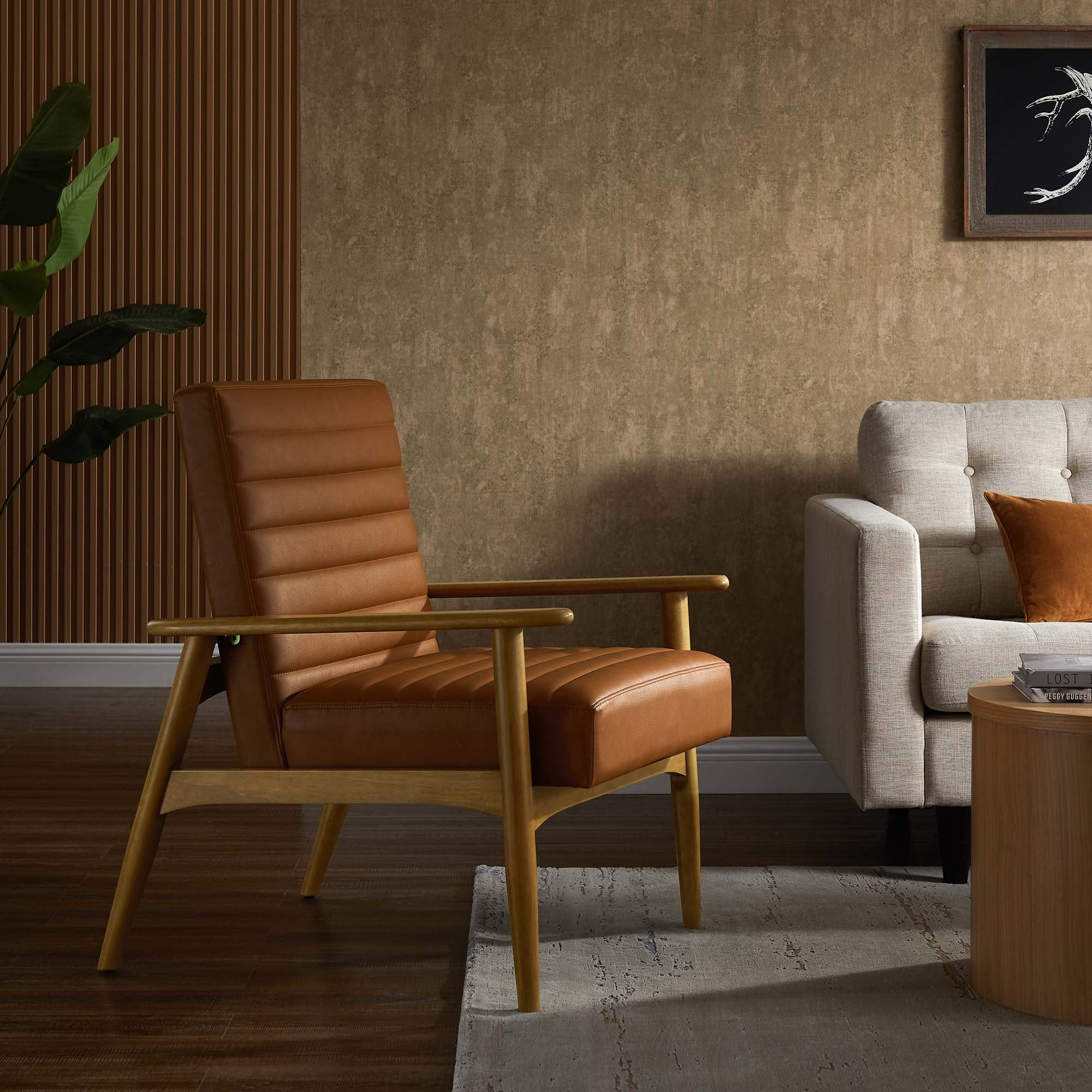 French Oak Tan Faux Leather Barrel Accent Chair with Wood Frame