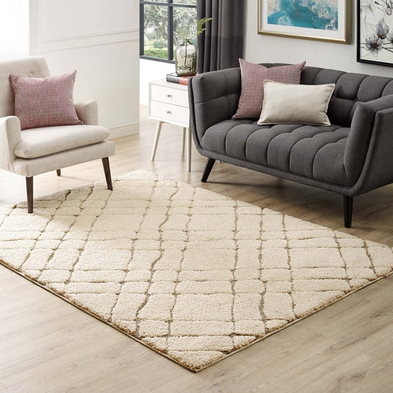Modway Verona Abstract Geometric 5x8 Shag Area Rug in Creame and Beige