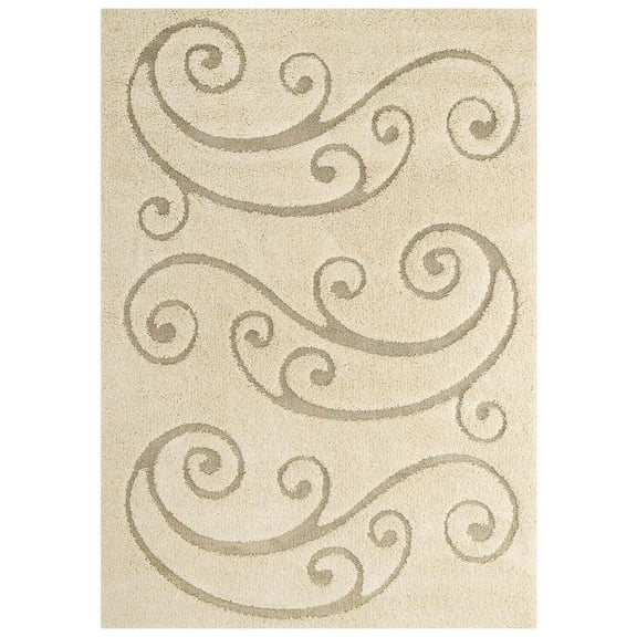 Modway Jubilant Sprout Scrolling Vine 8x10 Shag Area Rug in Creame and Beige