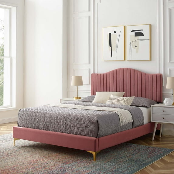 Modway Juniper Channel Tufted Performance Velvet Full Platform Bed in Dusty Rose