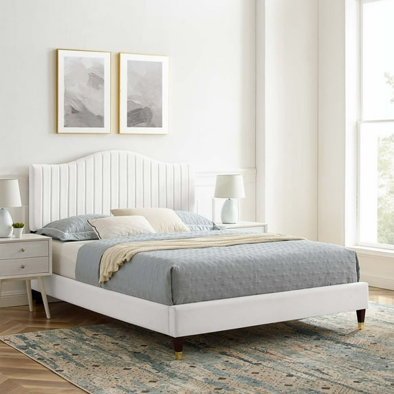 Modway Juniper Channel Tufted Performance Velvet Full Platform Bed in White