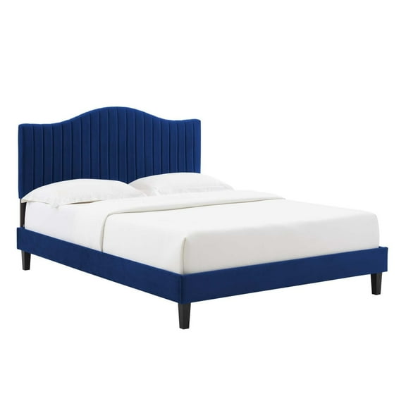 King Size Platform Bed Navy Blue Velvet Camelback Design Headboard