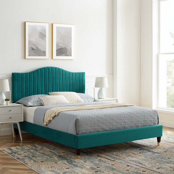 Modway Juniper Channel Tufted Performance Velvet King Platform Bed in Teal