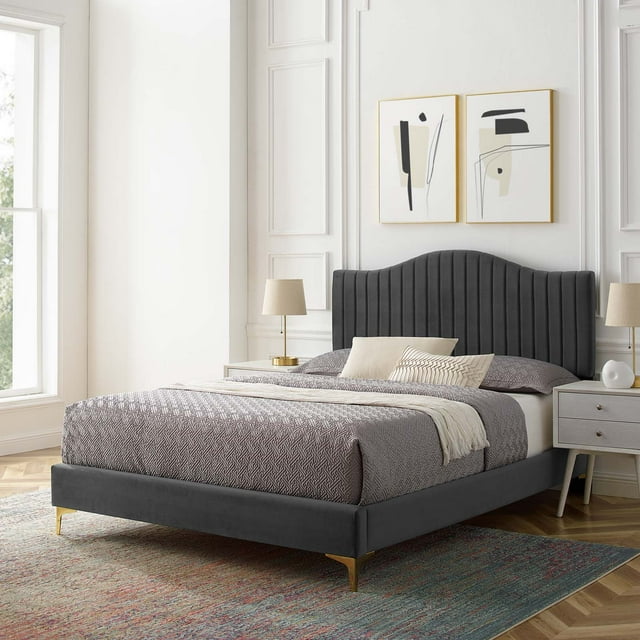 Modway Juniper Channel Tufted Performance Velvet Twin Platform Bed in Charcoal