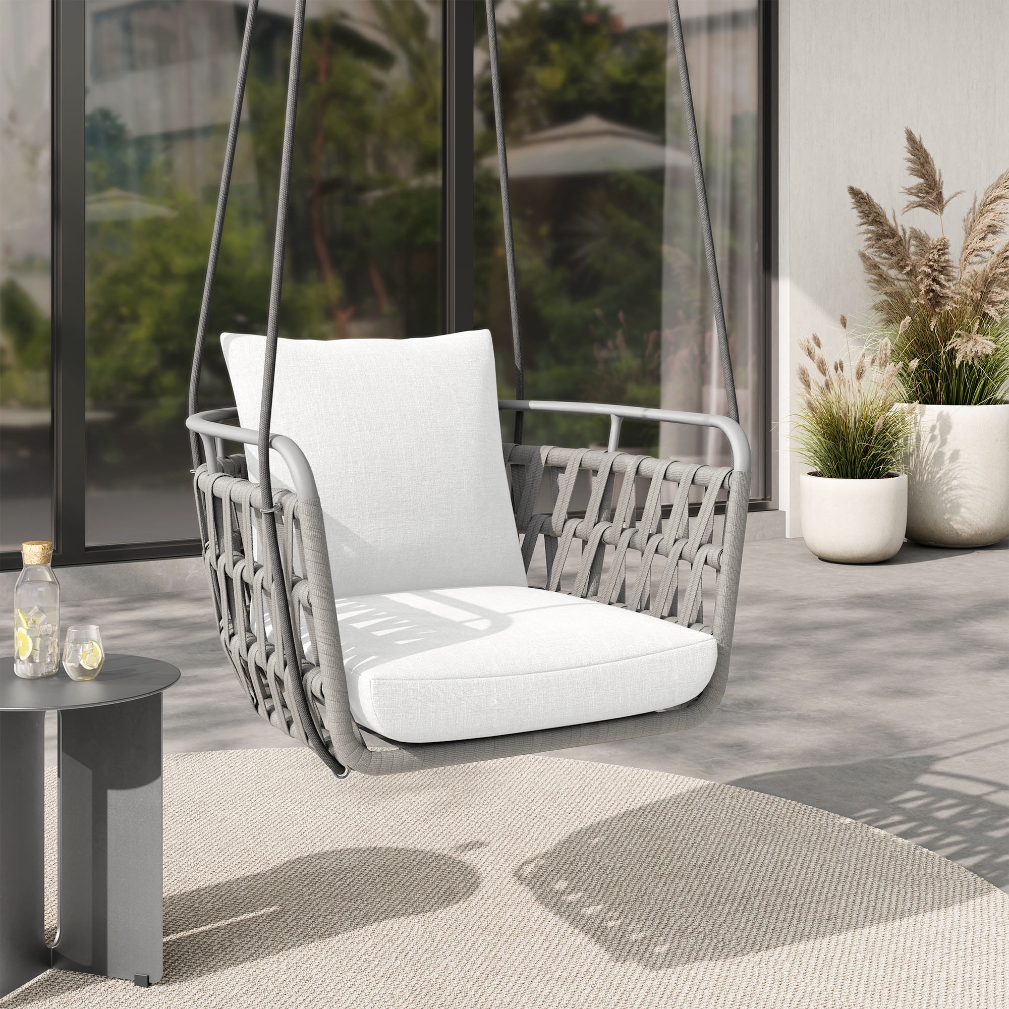 Kaliah Light Gray and White Aluminum Outdoor Swing Chair with Cushions